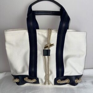Ralph Lauren Canvas Tote Bag Rope Detail Nautical‎ Handles Cream Navy Accent